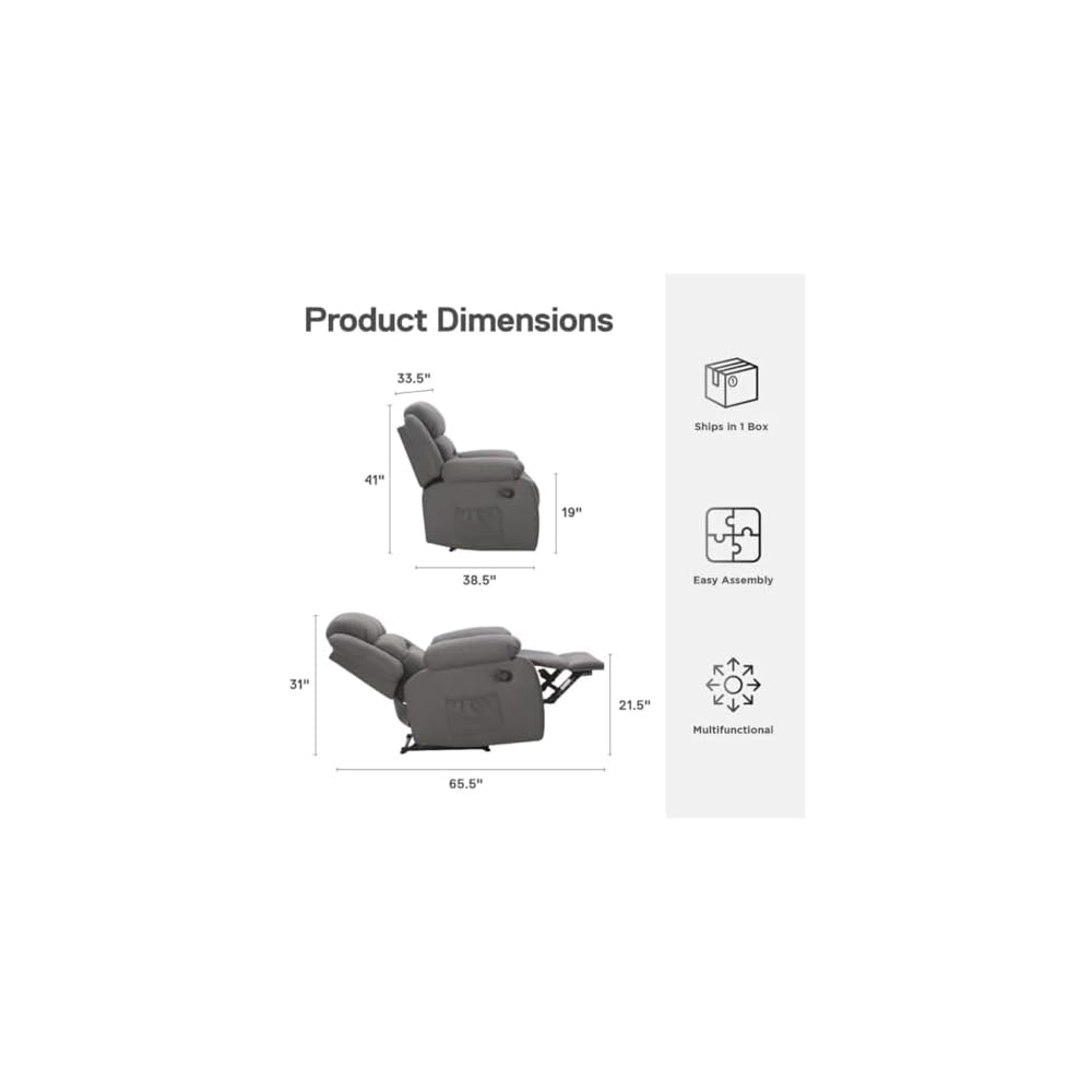 Recliner with Cupholder, Gray High Backrest Manual