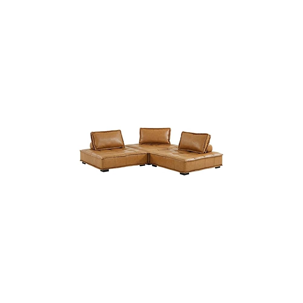 Modway EEI-5207-TAN Saunter Tufted Vegan Leather Vegan Leather 3-Piece Sofa, Tan