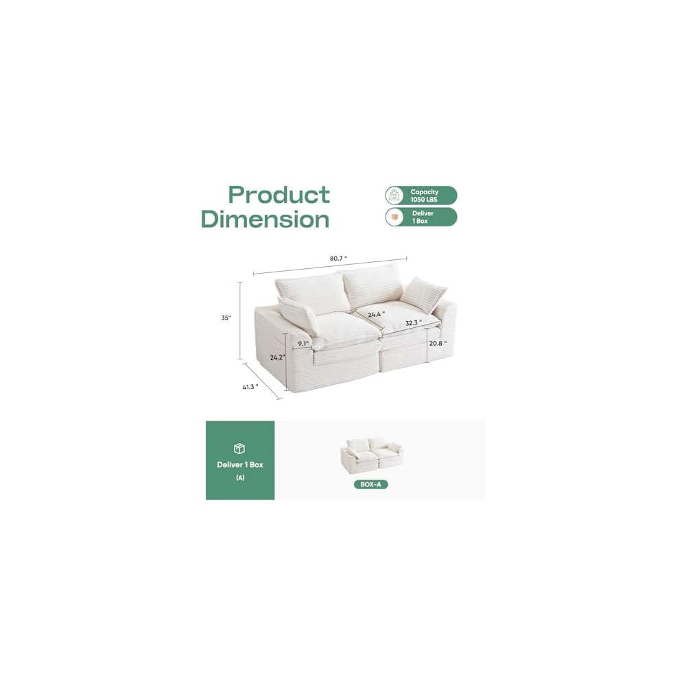 80" Modular Sectional Sofa,Oversized Loveseat Boneless Couch with Deep Seat,Upholstered Cloud Couch with Side Pockets,No Assembly Required,Corduroy,Beige