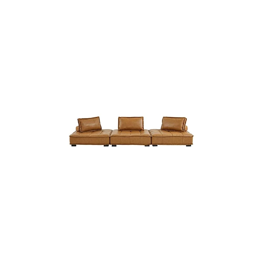 Modway EEI-5207-TAN Saunter Tufted Vegan Leather Vegan Leather 3-Piece Sofa, Tan