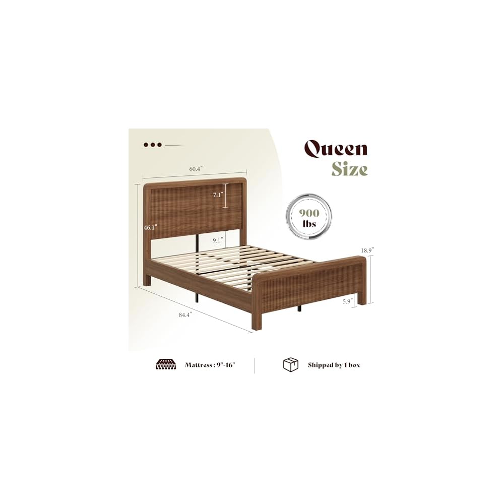 AMERLIFE Queen Wood Bed Frame with Fluted Headboard & Footboard, Walnut