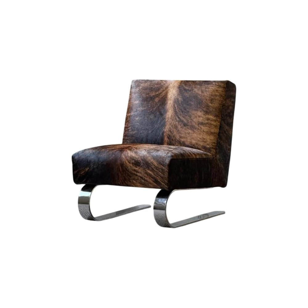 Modern Hair-On Hide Accent Chair with Stainless Steel Sled Base, Low Profile Lounge Chair for Living Room, Bedroom, Reading Nook and Office, Black Brown