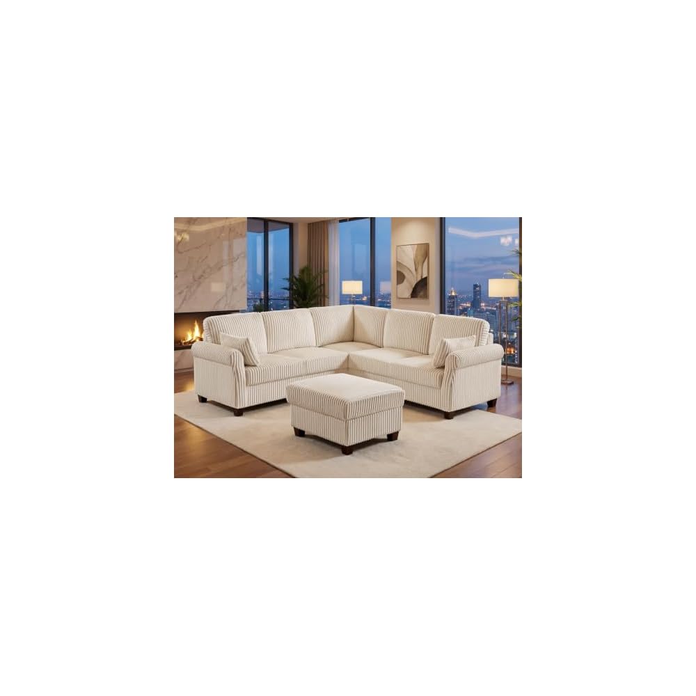 90.6" V-Shaped Sectional Sofa with Storage Ottoman, Corduroy Beige