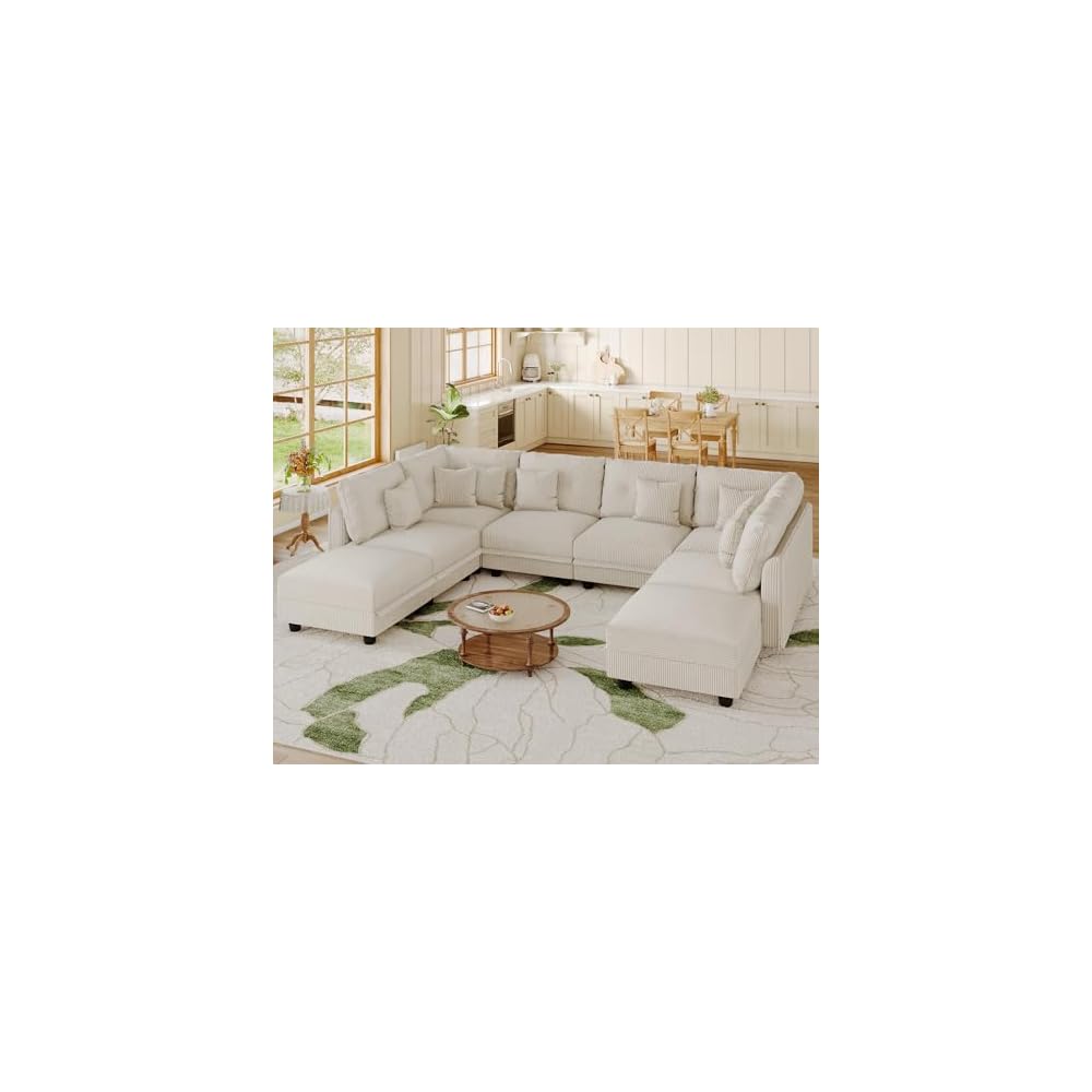LLappuil 112" Modular Sectional Sofa with Storage, U Shaped 8-Seat Pet-Friendly Corduroy Couch with 8 Throw Pillows, Convertible Sofa Set for Living Room & Apartment, Scratch Resistant, Beige