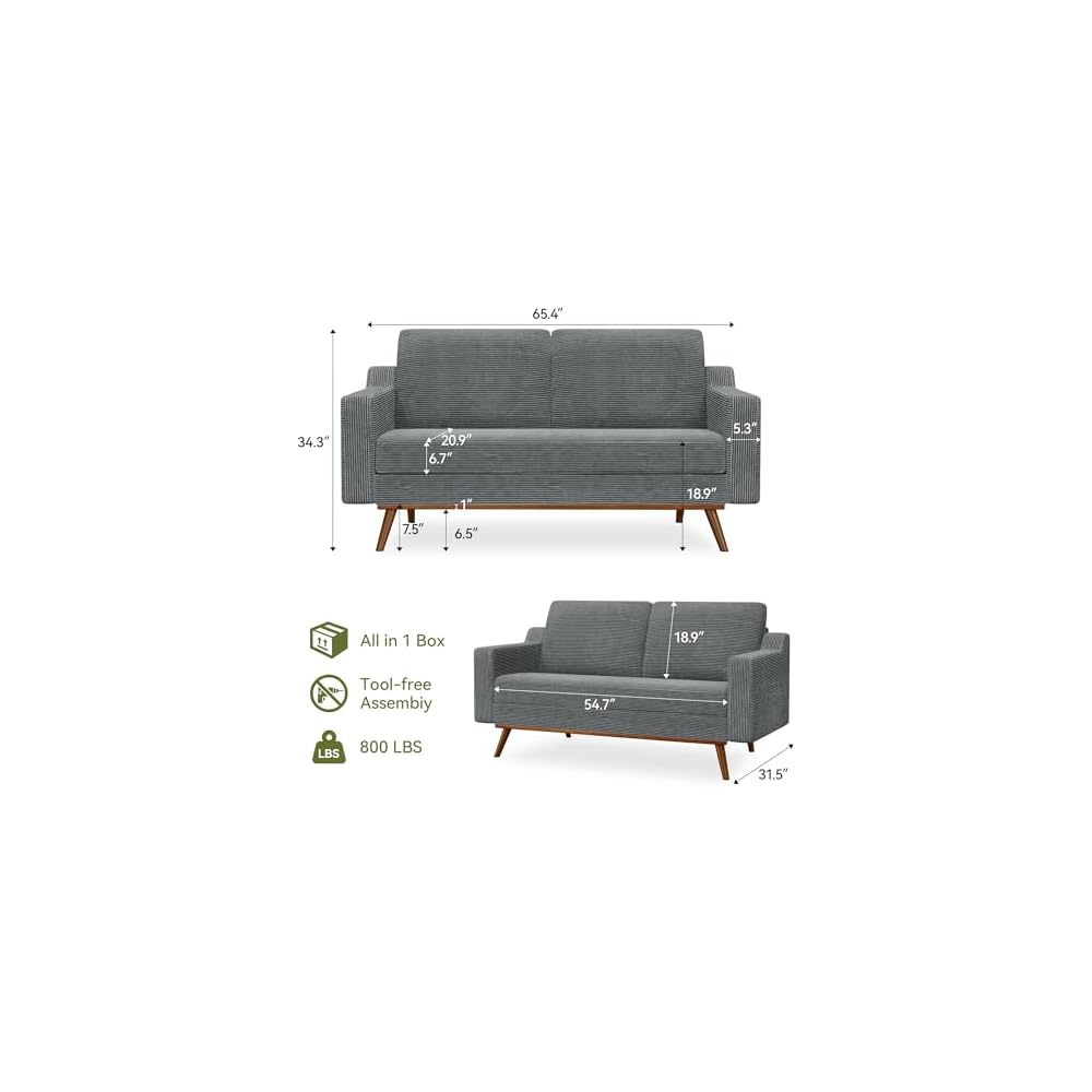 65.4" Loveseat Sofa,Comfy Grey Corduroy Love Seat Couches for Living Room,Mid Century Modern Small Couch for Bedroom Office with Spring Cushion,Solid Wood Frame,Tool-Free Assembly