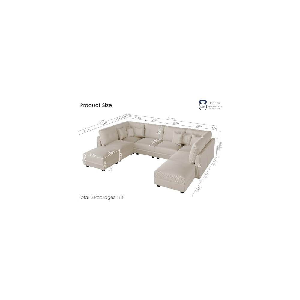 LLappuil 112" Modular Sectional Sofa with Storage, U Shaped 8-Seat Pet-Friendly Corduroy Couch with 8 Throw Pillows, Convertible Sofa Set for Living Room & Apartment, Scratch Resistant, Beige