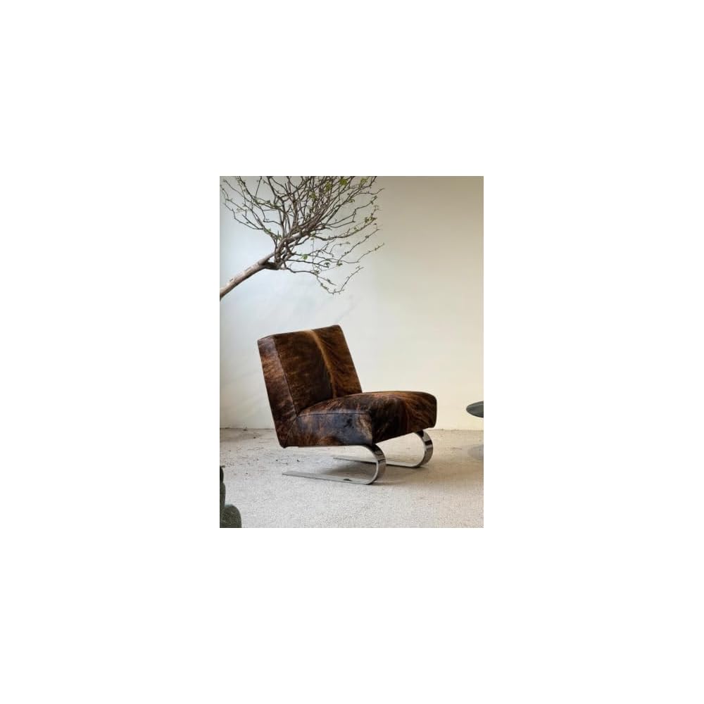 Modern Hair-On Hide Accent Chair with Stainless Steel Sled Base, Low Profile Lounge Chair for Living Room, Bedroom, Reading Nook and Office, Black Brown