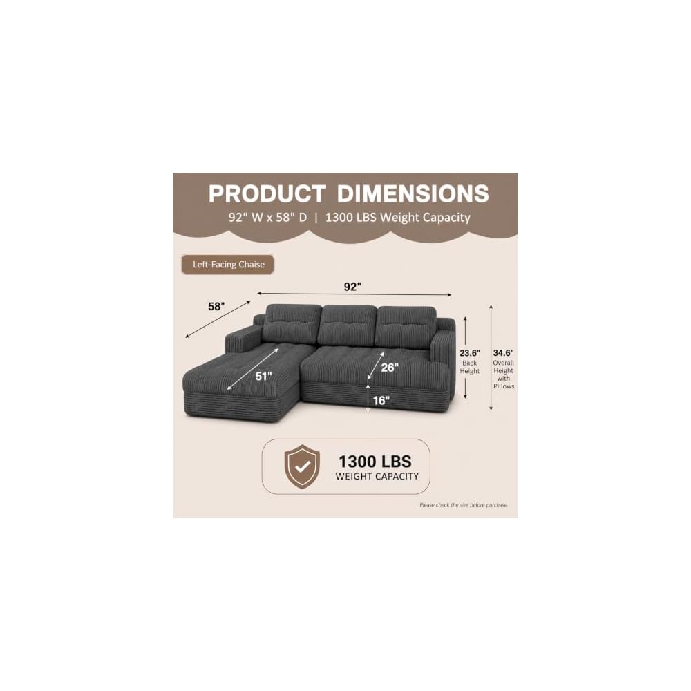 EROMMY 92" L-Shaped Boneless Cloud Couch,Low-Profile Right Chaise,Grey