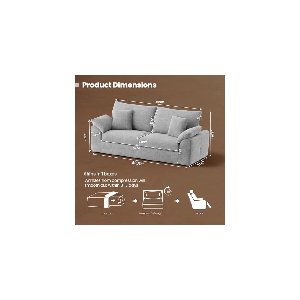 90" Boneless Loveseat Sofa, Polyester Fabric 2-Seater Couch with 4 Pillows, No Assembly Required, Soft High Density Foam Cushion, Pillow Armrest for Living Room Bedroom Apartment (Grey)