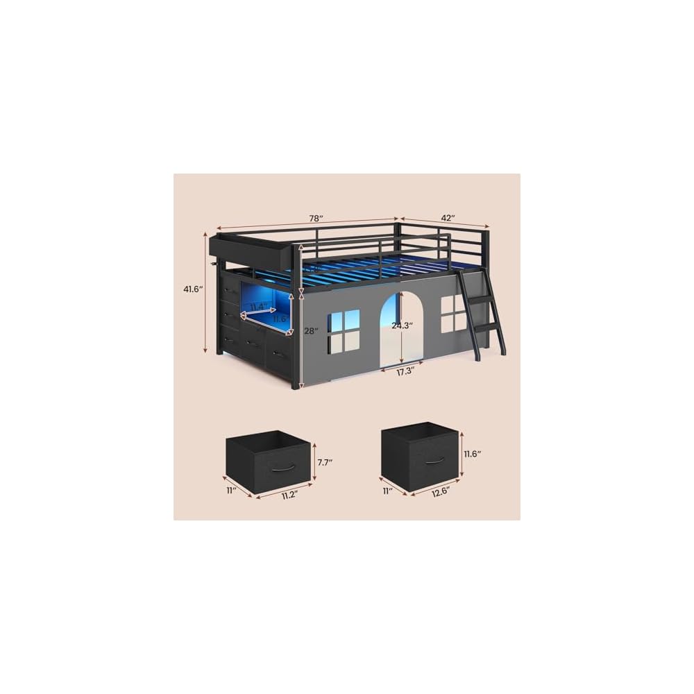 ADORNEVE Low Loft Bed Twin Size with Tent and 5 Storage Drawers, Black