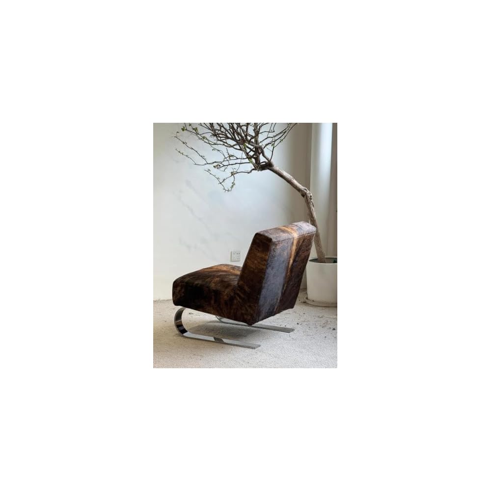 Modern Hair-On Hide Accent Chair with Stainless Steel Sled Base, Low Profile Lounge Chair for Living Room, Bedroom, Reading Nook and Office, Black Brown