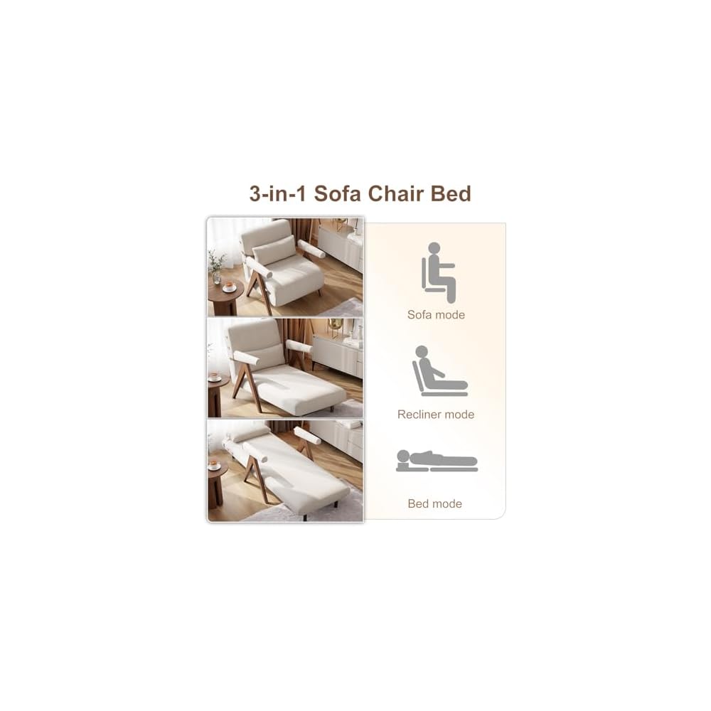 AnywaysWood 25in w Residential Convertible Sofa Bed Chair| White Sleeper Chair for Reading |3 in 1 Sleeper Sofa Couch Bed | Adults | Living Room, Bedroom,Office | Adjustable Backrest| Space-Saving