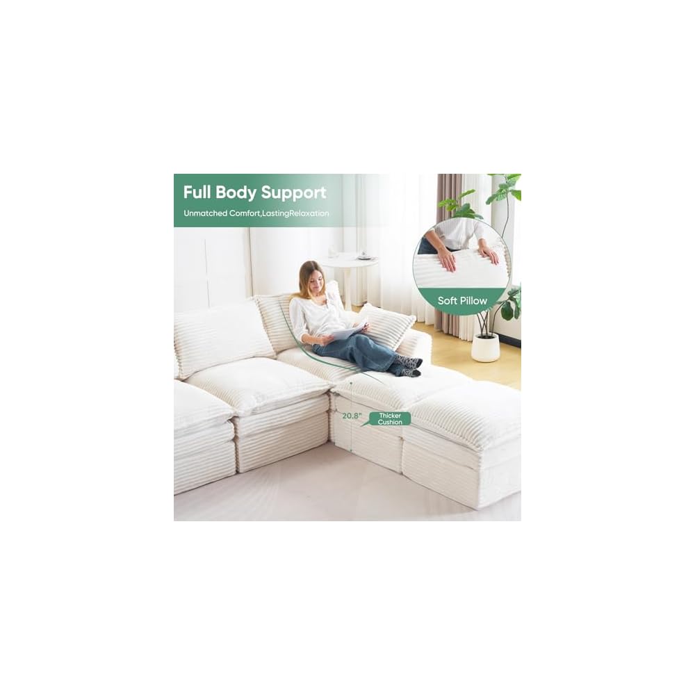 80" Modular Sectional Sofa,Oversized Loveseat Boneless Couch with Deep Seat,Upholstered Cloud Couch with Side Pockets,No Assembly Required,Corduroy,Beige