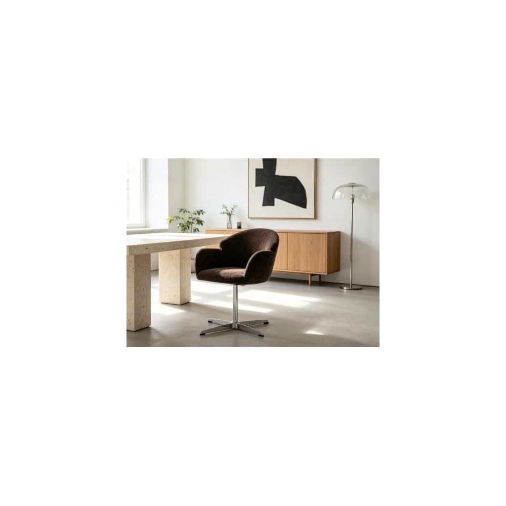 Scandinavian Moby Swivel Chair with Armrests - Polished Stainless Steel Frame with Mocha Padding (Single Piece)