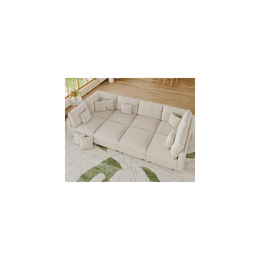 LLappuil 112" Modular Sectional Sofa with Storage, U Shaped 8-Seat Pet-Friendly Corduroy Couch with 8 Throw Pillows, Convertible Sofa Set for Living Room & Apartment, Scratch Resistant, Beige