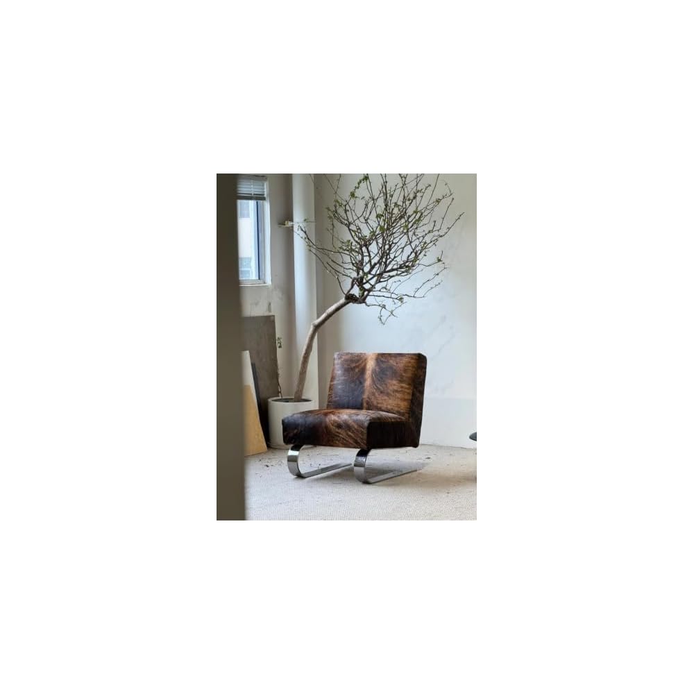 Modern Hair-On Hide Accent Chair with Stainless Steel Sled Base, Low Profile Lounge Chair for Living Room, Bedroom, Reading Nook and Office, Black Brown