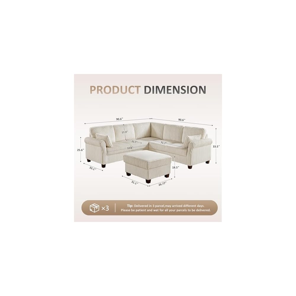 90.6" V-Shaped Sectional Sofa with Storage Ottoman, Corduroy Beige