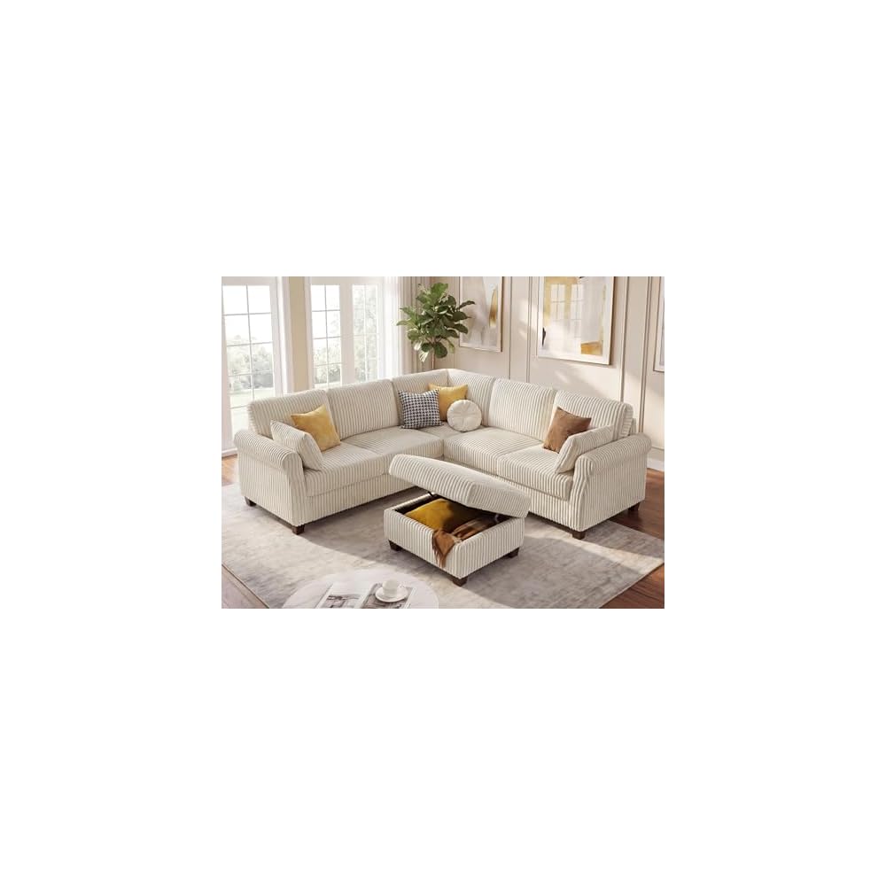 90.6" V-Shaped Sectional Sofa with Storage Ottoman, Corduroy Beige
