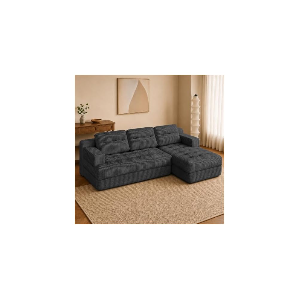 EROMMY 92" L-Shaped Boneless Cloud Couch,Low-Profile Right Chaise,Grey
