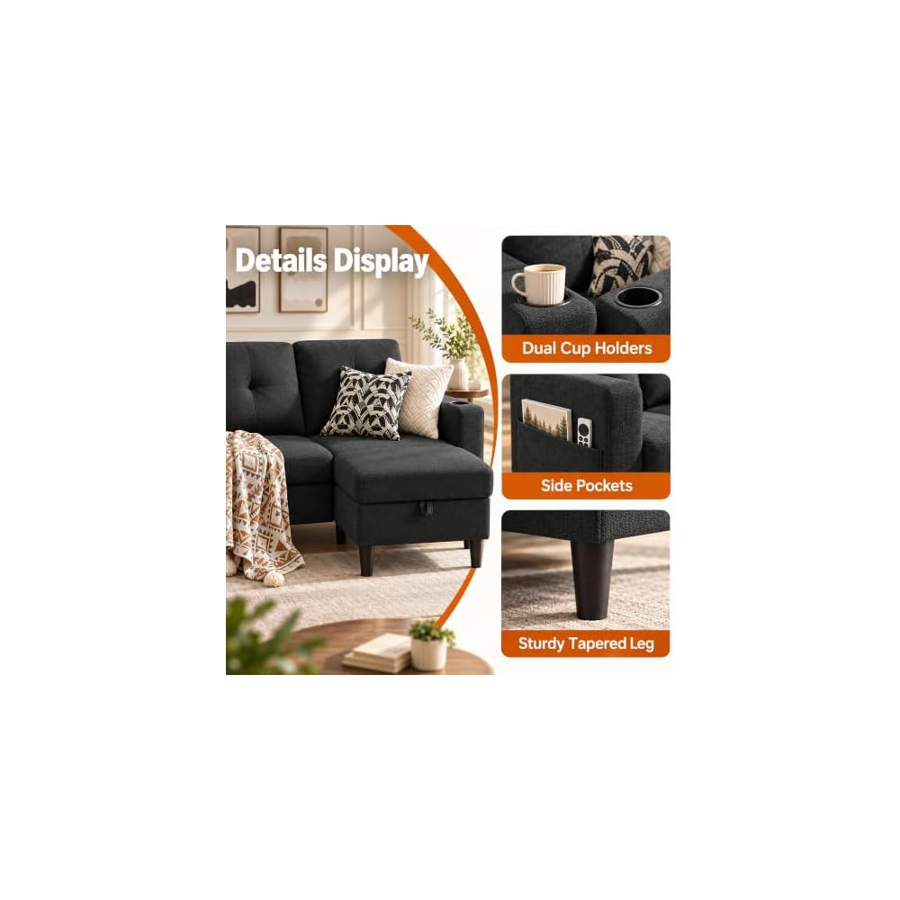 80" Convertible Sectional Sofa Couch with Movable Ottoman, 3 Seats Sectional Sofas L Shaped Couch for Small Spaces, Soft Fabric Couch for Living Room (Black)