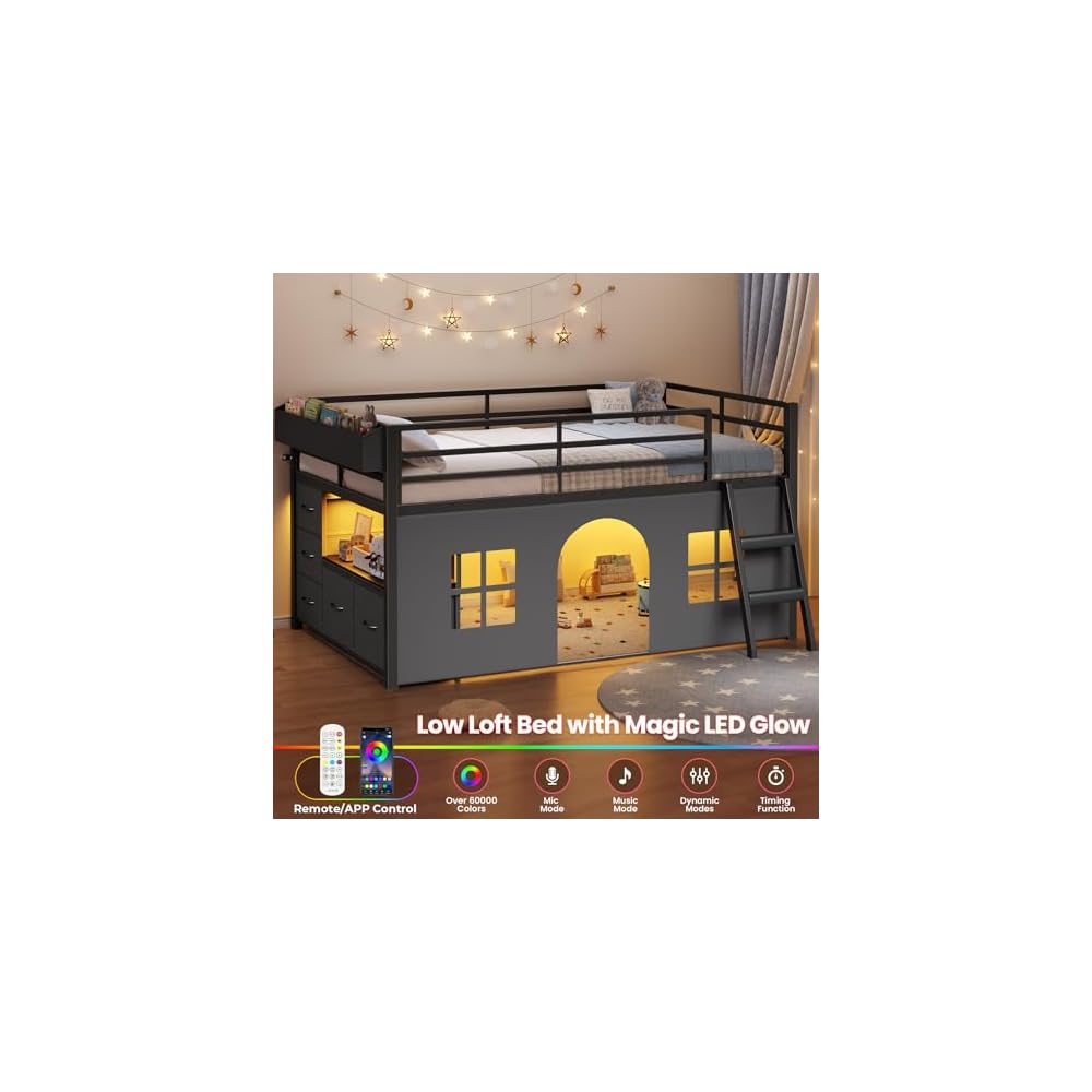 ADORNEVE Low Loft Bed Twin Size with Tent and 5 Storage Drawers, Black