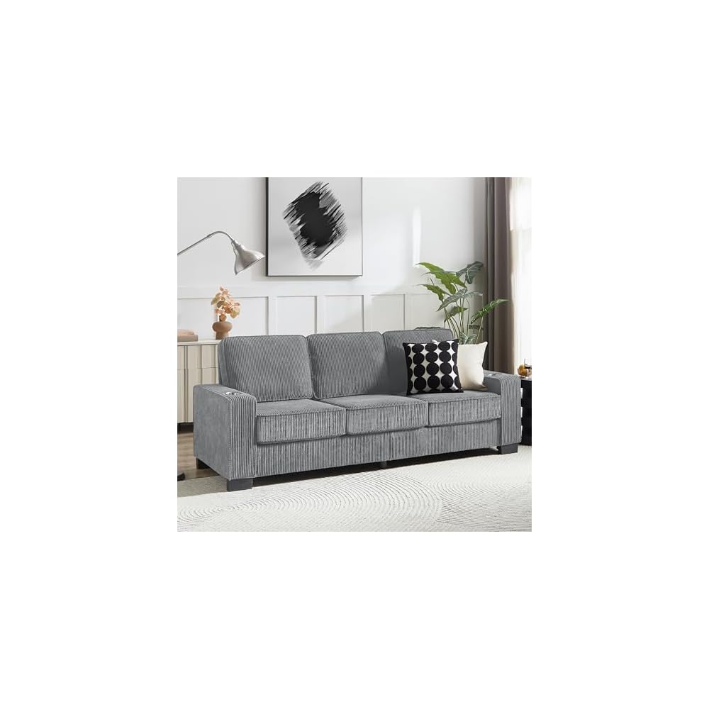 84" Thick Corduroy Sofa Bed, Stylish Sofa Bed with Cup Holders, Comfort 3-Seater Sofa with Lumbar Support for Living Room, Gray