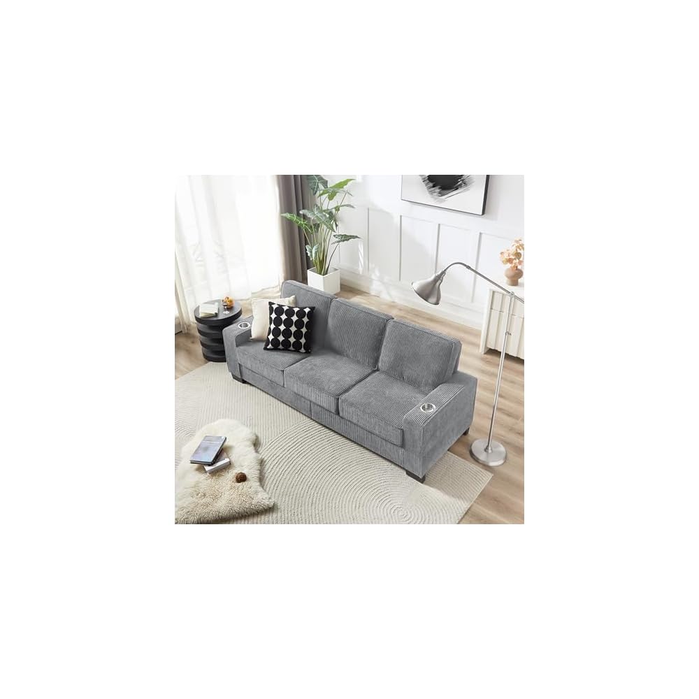 84" Thick Corduroy Sofa Bed, Stylish Sofa Bed with Cup Holders, Comfort 3-Seater Sofa with Lumbar Support for Living Room, Gray