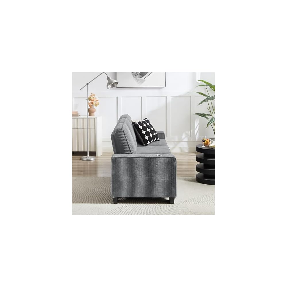 84" Thick Corduroy Sofa Bed, Stylish Sofa Bed with Cup Holders, Comfort 3-Seater Sofa with Lumbar Support for Living Room, Gray