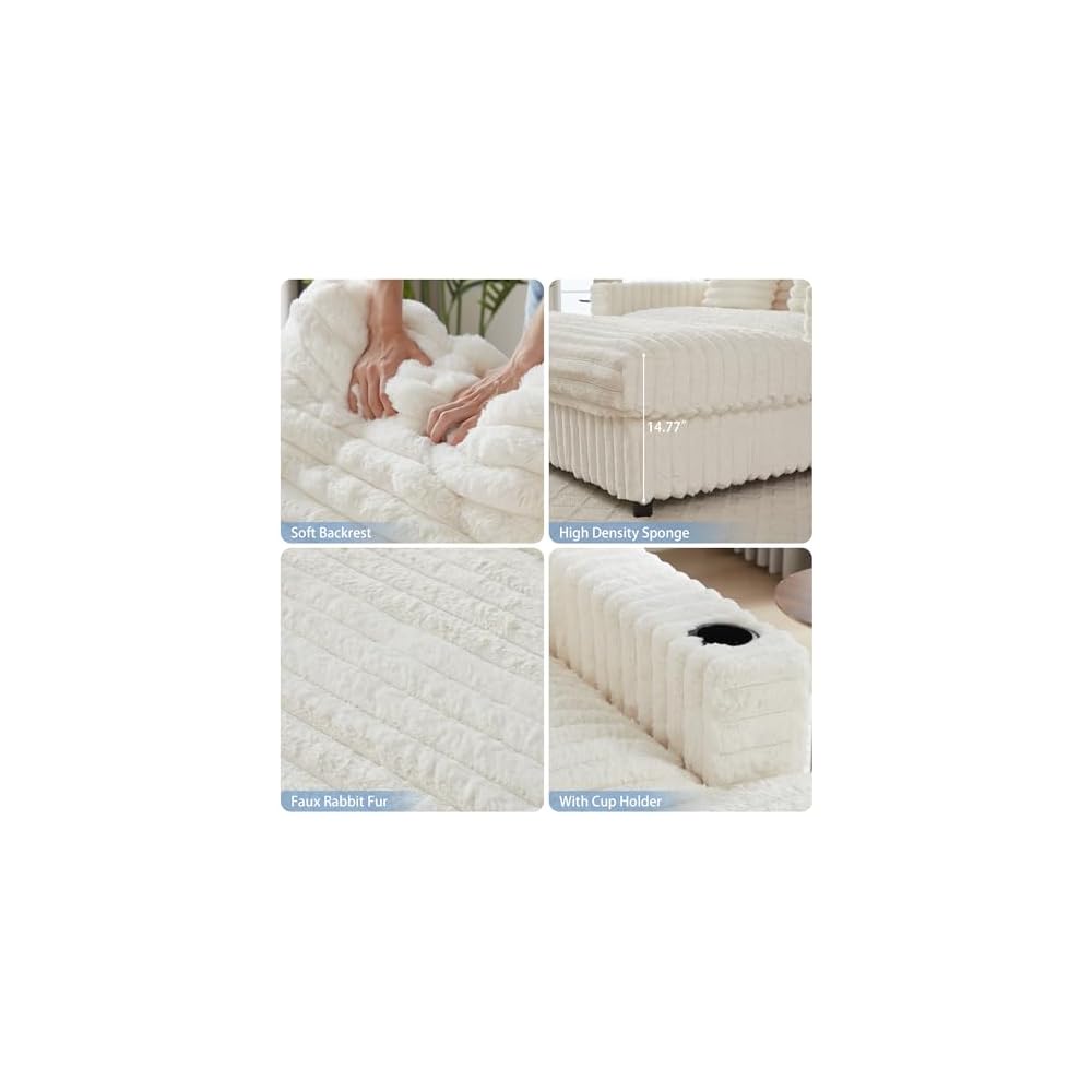 58'' Plush Faux Rabbit Fur Chaise Loveseat with Charging Station & Cup Holder and Pillows, Upholstered Corduroy Chaise Loveseat Sofa Recliner Longue Indoor Couch for Living Room, Bedroom, White