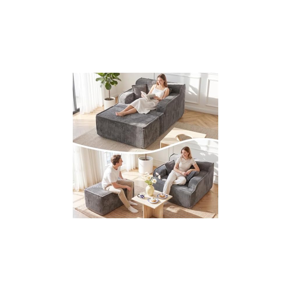 Chaise Lounge Chair Indoor,Oversized Boneless Chair Reading Chair,Comfy Boneless Small Couch for Living Room,Single Sleeper Chair Bed,Grey