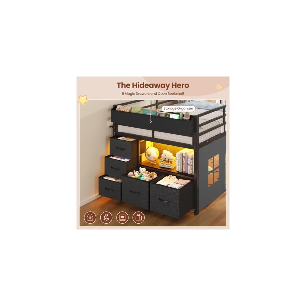 ADORNEVE Low Loft Bed Twin Size with Tent and 5 Storage Drawers, Black