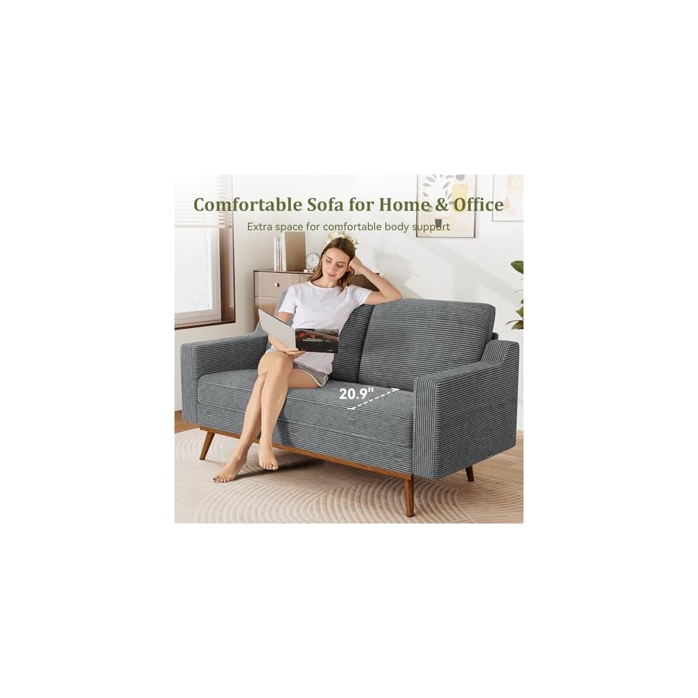 65.4" Loveseat Sofa,Comfy Grey Corduroy Love Seat Couches for Living Room,Mid Century Modern Small Couch for Bedroom Office with Spring Cushion,Solid Wood Frame,Tool-Free Assembly