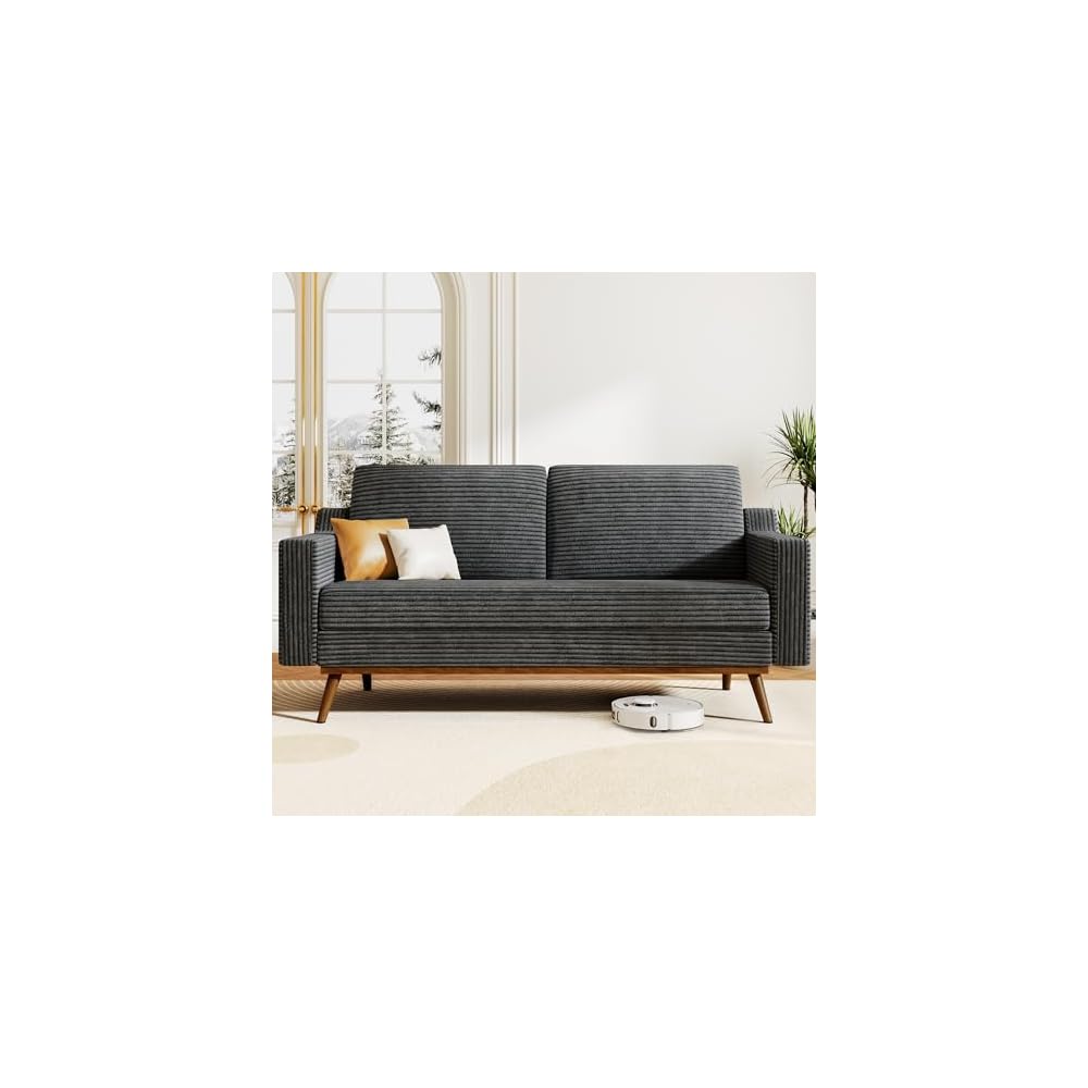 65.4" Loveseat Sofa,Comfy Grey Corduroy Love Seat Couches for Living Room,Mid Century Modern Small Couch for Bedroom Office with Spring Cushion,Solid Wood Frame,Tool-Free Assembly