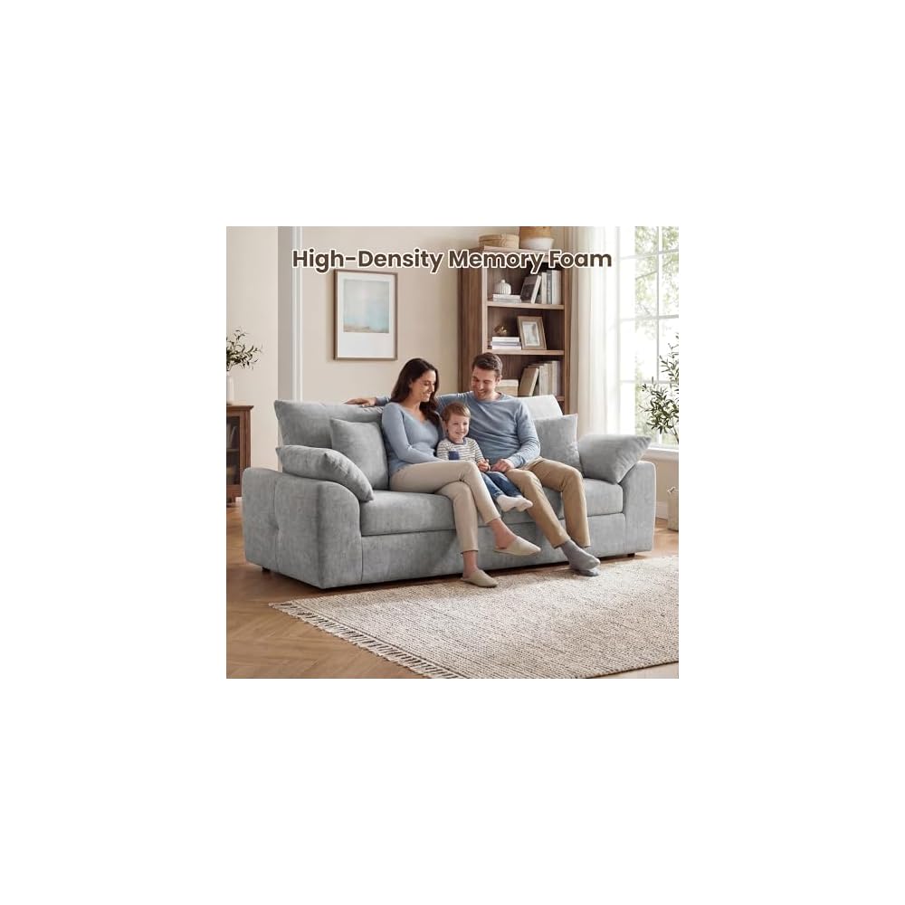 90" Boneless Loveseat Sofa, Polyester Fabric 2-Seater Couch with 4 Pillows, No Assembly Required, Soft High Density Foam Cushion, Pillow Armrest for Living Room Bedroom Apartment (Grey)