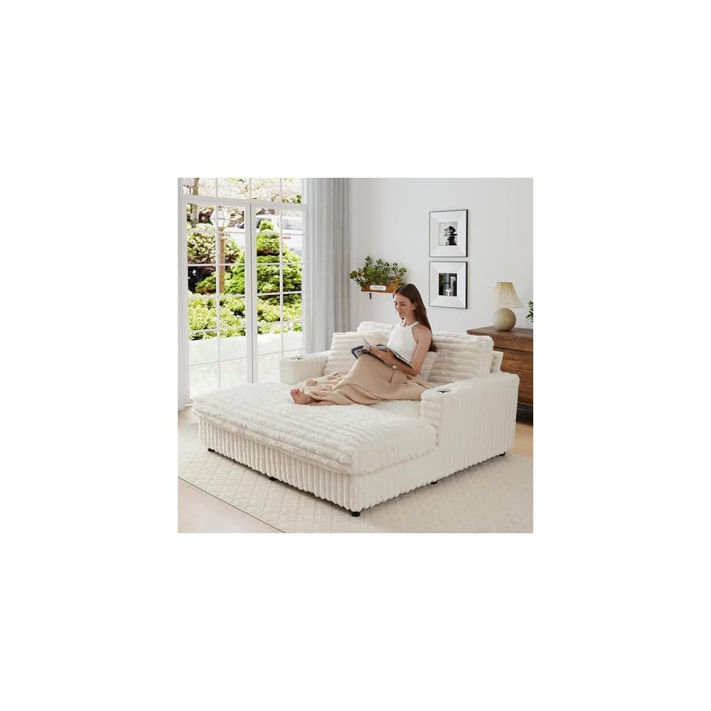 58'' Plush Faux Rabbit Fur Chaise Loveseat with Charging Station & Cup Holder and Pillows, Upholstered Corduroy Chaise Loveseat Sofa Recliner Longue Indoor Couch for Living Room, Bedroom, White