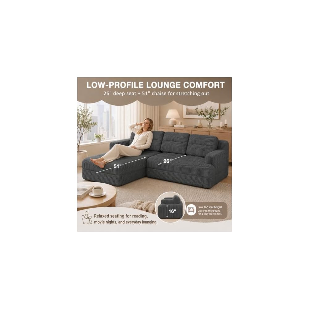 EROMMY 92" L-Shaped Boneless Cloud Couch,Low-Profile Right Chaise,Grey