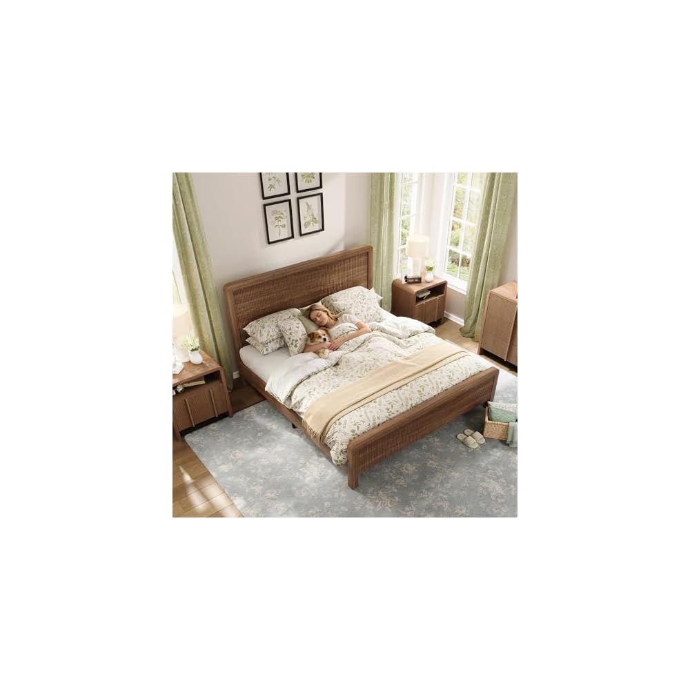 AMERLIFE Queen Wood Bed Frame with Fluted Headboard & Footboard, Walnut