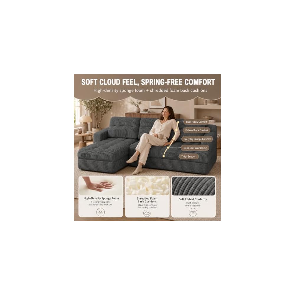 EROMMY 92" L-Shaped Boneless Cloud Couch,Low-Profile Right Chaise,Grey