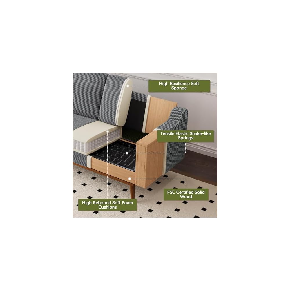 65.4" Loveseat Sofa,Comfy Grey Corduroy Love Seat Couches for Living Room,Mid Century Modern Small Couch for Bedroom Office with Spring Cushion,Solid Wood Frame,Tool-Free Assembly
