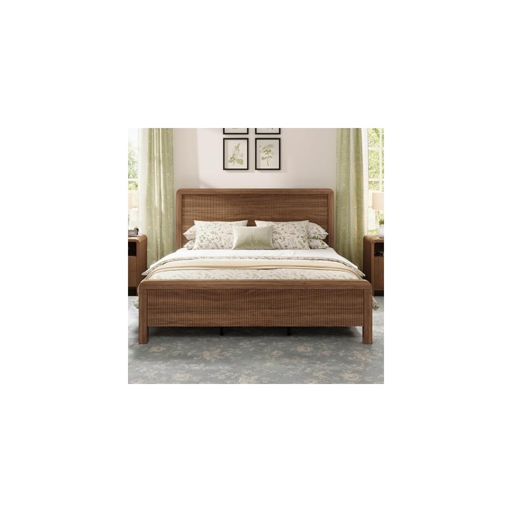 AMERLIFE Queen Wood Bed Frame with Fluted Headboard & Footboard, Walnut
