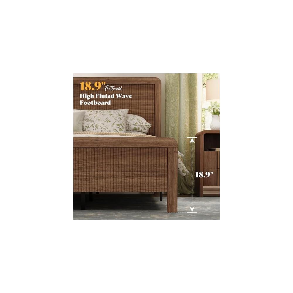 AMERLIFE Queen Wood Bed Frame with Fluted Headboard & Footboard, Walnut