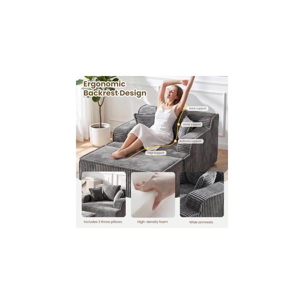 Chaise Lounge Chair Indoor,Oversized Boneless Chair Reading Chair,Comfy Boneless Small Couch for Living Room,Single Sleeper Chair Bed,Grey