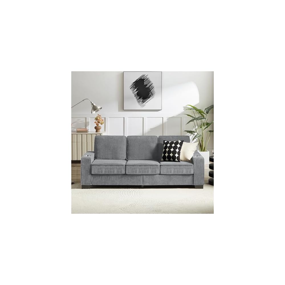 84" Thick Corduroy Sofa Bed, Stylish Sofa Bed with Cup Holders, Comfort 3-Seater Sofa with Lumbar Support for Living Room, Gray