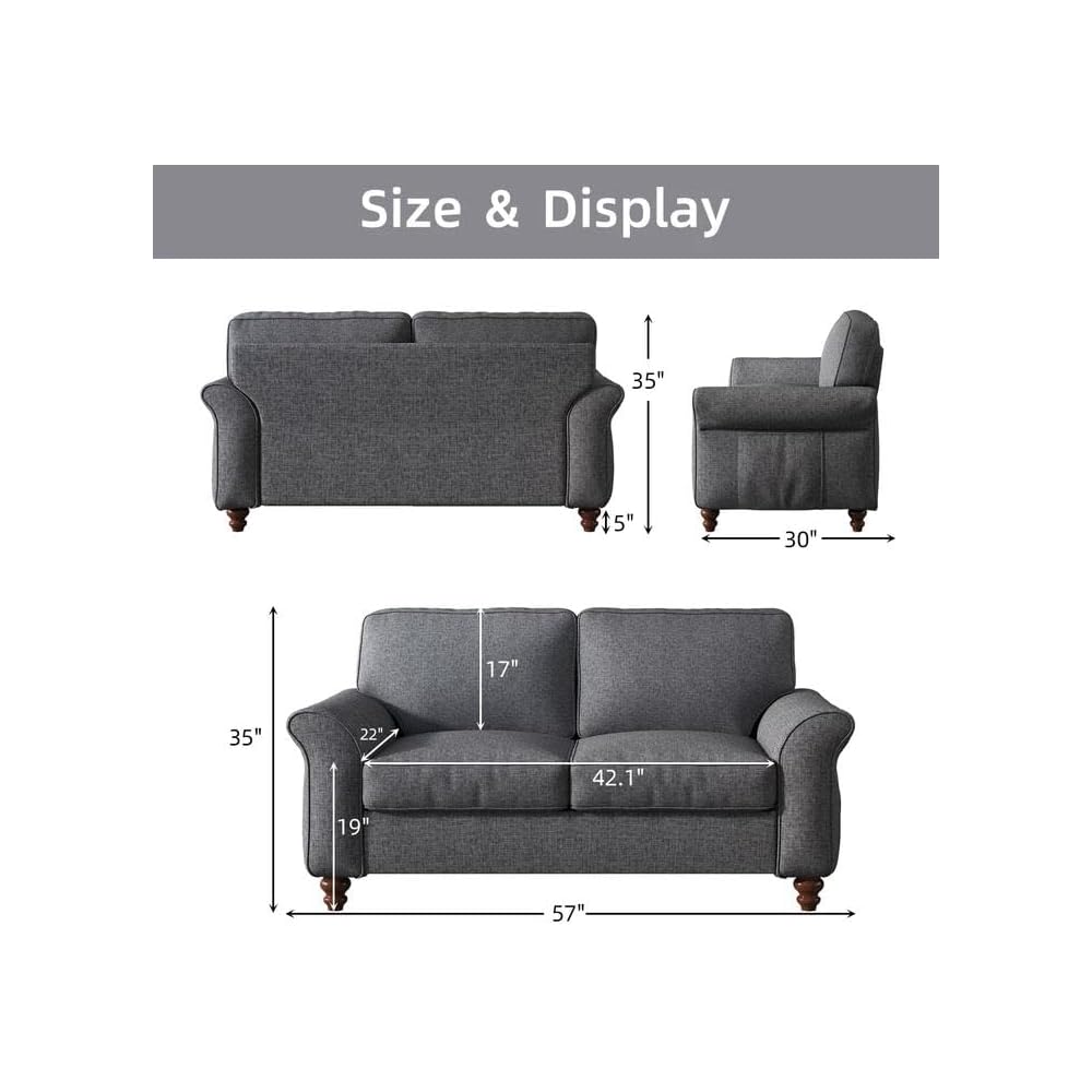 EBELLO Modern Linen Fabric Loveseat Sofa, Upholstered 2-seat Sofa Couch Wood Frame and Sturdy Legs for Living Room Bedroom Office, Dark Blue