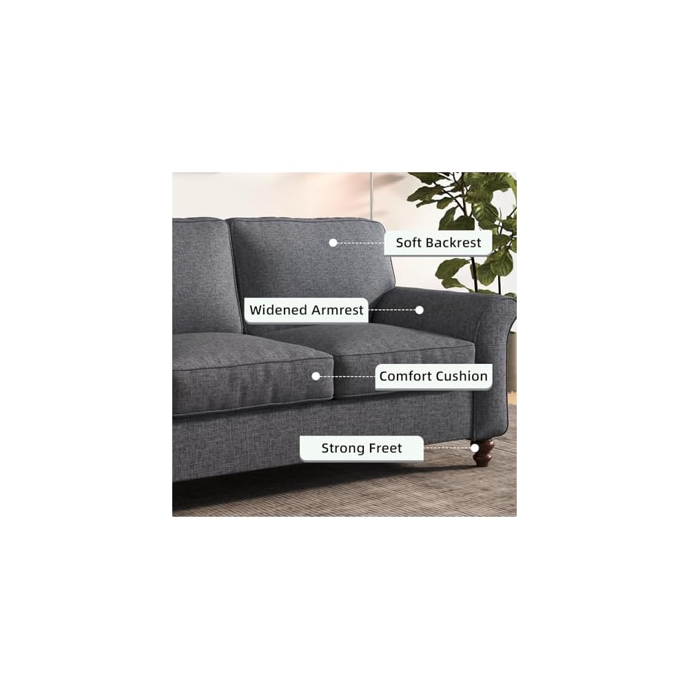 EBELLO Modern Linen Fabric Loveseat Sofa, Upholstered 2-seat Sofa Couch Wood Frame and Sturdy Legs for Living Room Bedroom Office, Dark Blue