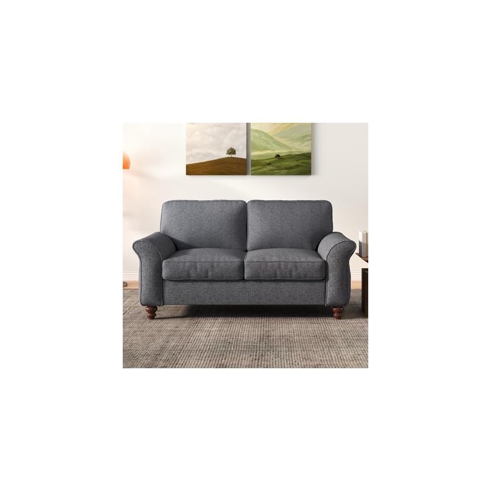 EBELLO Modern Linen Fabric Loveseat Sofa, Upholstered 2-seat Sofa Couch Wood Frame and Sturdy Legs for Living Room Bedroom Office, Dark Blue