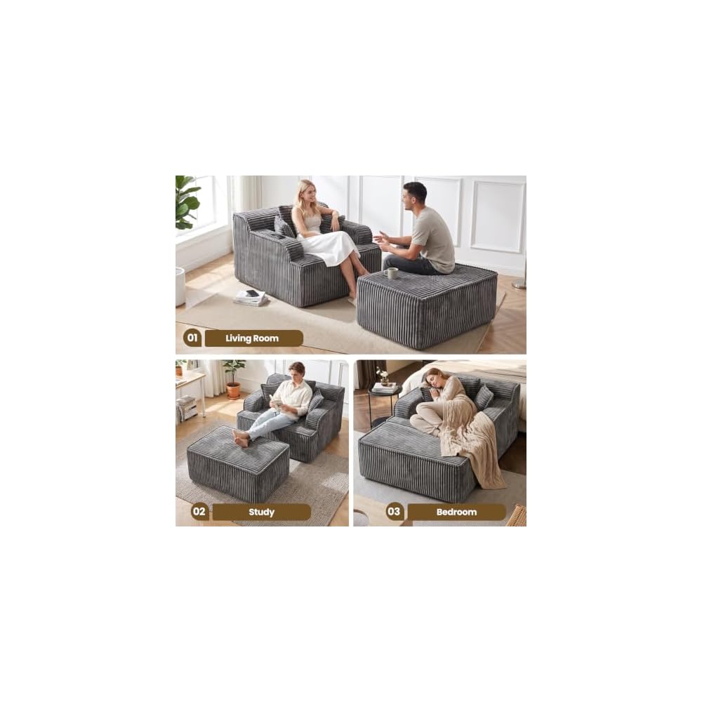 Chaise Lounge Chair Indoor,Oversized Boneless Chair Reading Chair,Comfy Boneless Small Couch for Living Room,Single Sleeper Chair Bed,Grey