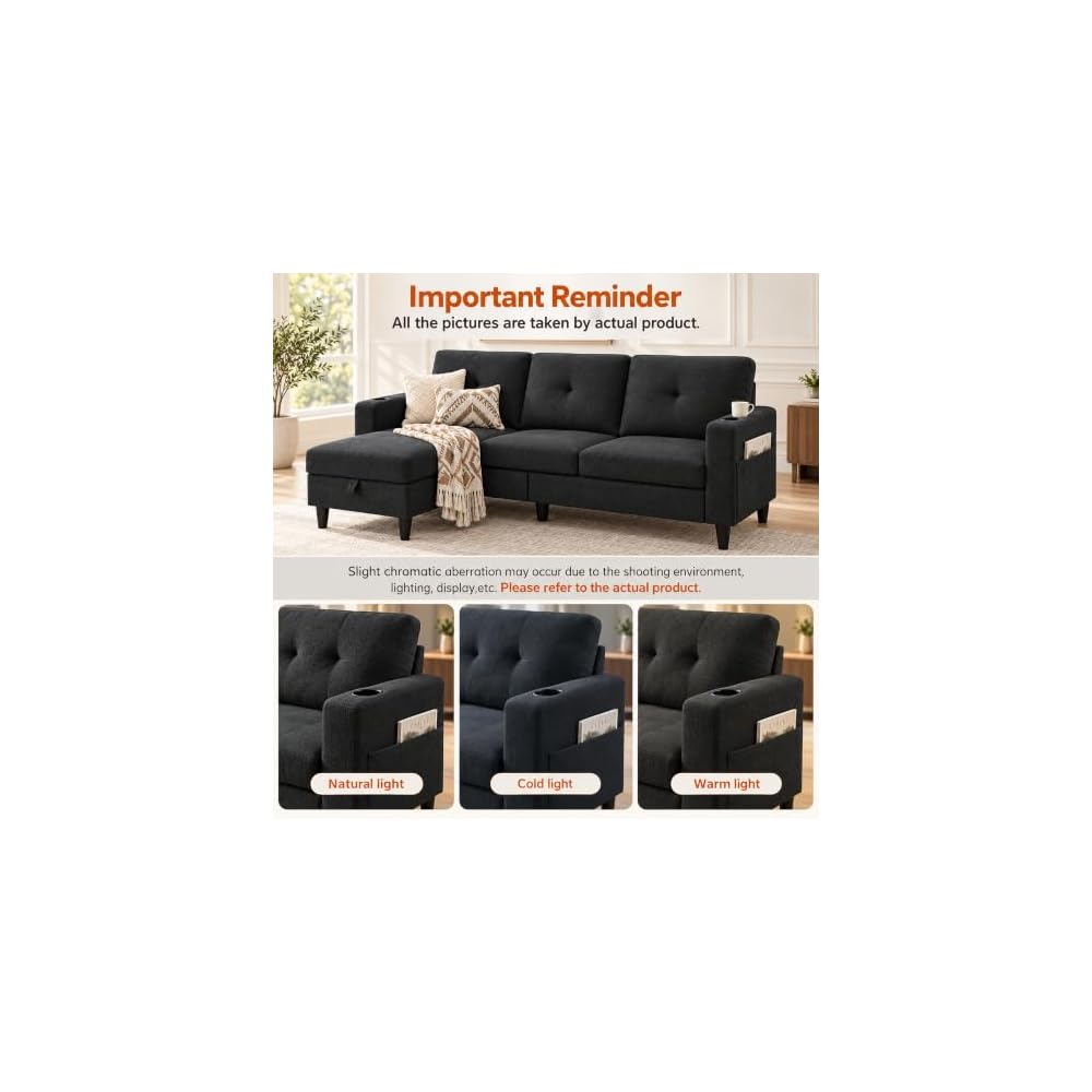 80" Convertible Sectional Sofa Couch with Movable Ottoman, 3 Seats Sectional Sofas L Shaped Couch for Small Spaces, Soft Fabric Couch for Living Room (Black)