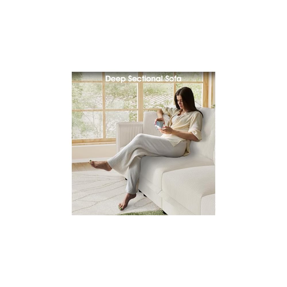 LLappuil 112" Modular Sectional Sofa with Storage, U Shaped 8-Seat Pet-Friendly Corduroy Couch with 8 Throw Pillows, Convertible Sofa Set for Living Room & Apartment, Scratch Resistant, Beige