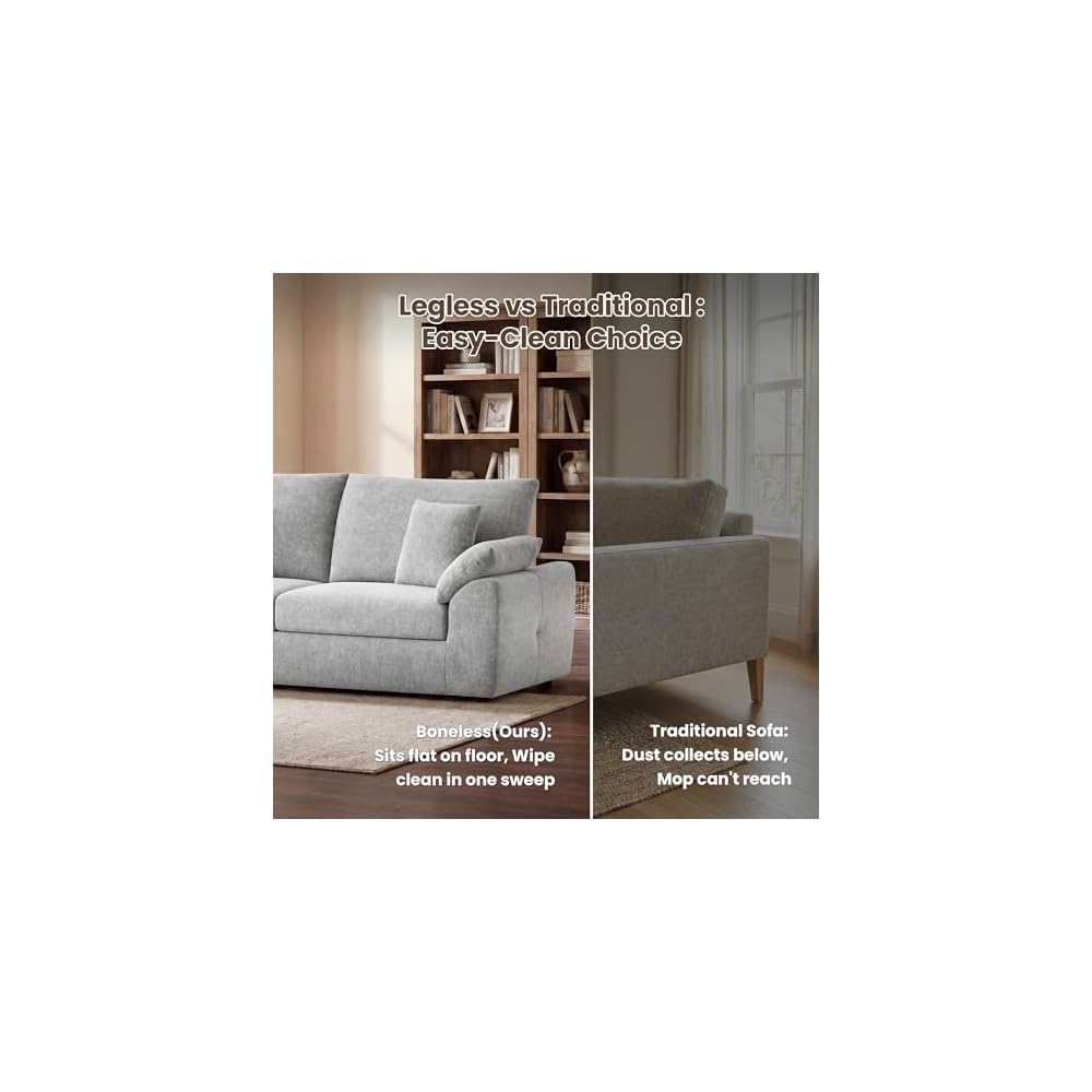 90" Boneless Loveseat Sofa, Polyester Fabric 2-Seater Couch with 4 Pillows, No Assembly Required, Soft High Density Foam Cushion, Pillow Armrest for Living Room Bedroom Apartment (Grey)